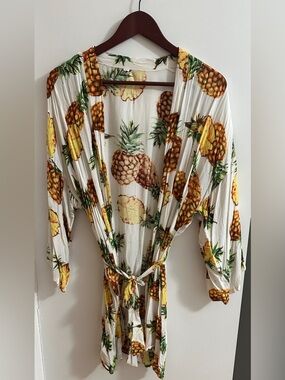 Pineapple Print Women’s Kimono Robe - White & Yellow